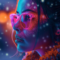 Abstract portrait of young woman in neon colors wearing glowing glasses. Neon Pink, orange and blue. 