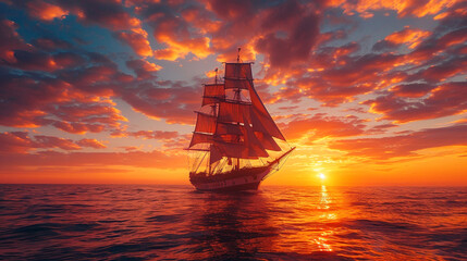 A sailboat silhouetted against a colorful sunset, a journey back in time, maritime travel and exploration at its finest - obrazy, fototapety, plakaty