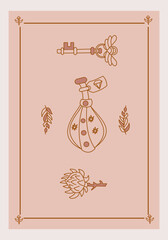 Esoteric poster Magical poison with stars, mystic prickly flower, golden key with wings on pink background Boho style vector outline illustration.
