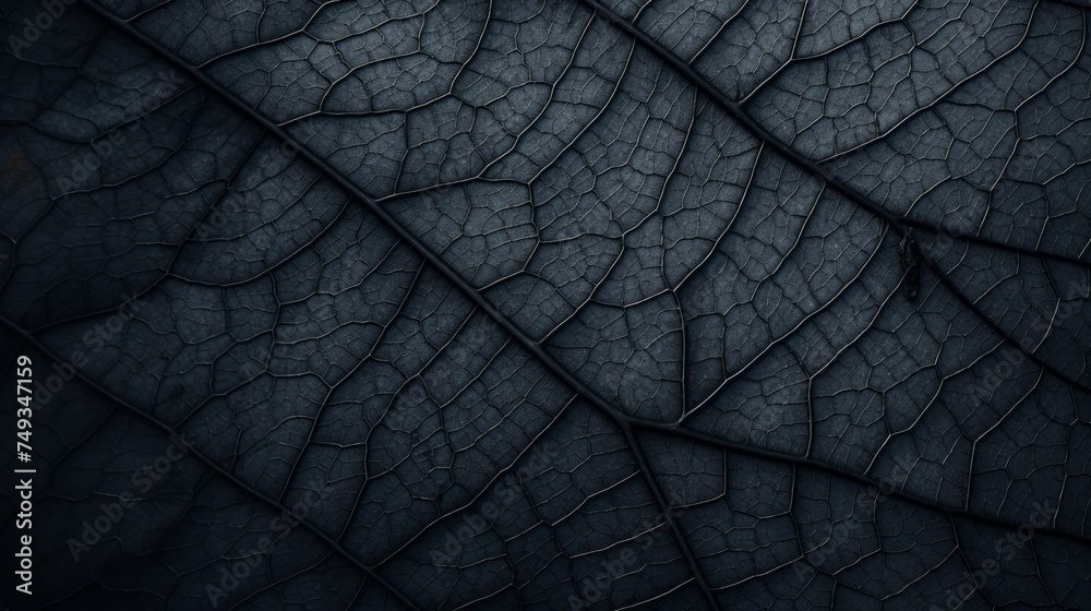 Poster close-up of the texture of the dark leaf. black dark background.