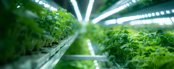 hydroponic vertical farm growing fresh produce in an urban setting. utilizing water-efficient cultivation methods and LED lighting systems. - obrazy, fototapety, plakaty