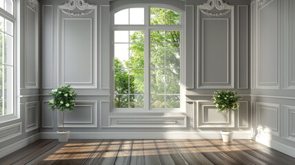 classical empty room with wooden floors and white window framing a nature view
