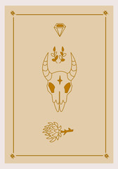 Esoteric poster Skull with horns and branches, mystic prickly flower and diamond on beige background Boho style vector outline illustration.