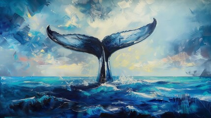 Seascape with whale tail dripping with water on the surface of the sea or ocean, banner with copy space - obrazy, fototapety, plakaty