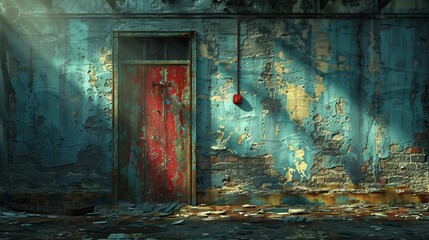 old abandoned building with red door