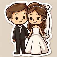 Obraz na płótnie Canvas cute little wedding couples with greeting text sticker 