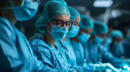 Fokussierte Chirurgin bei einer Operation mit ihrem Team im Operationssaal - obrazy, fototapety, plakaty