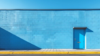Blue wall, yellow sidewalk and blue door