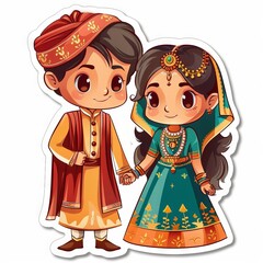 cute little wedding couples with greeting text sticker " ai generated "