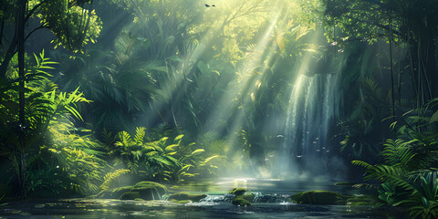 tropical forest background with sunlight falling on it 