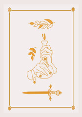 Esoteric poster Two hands holding poison bottle, magic golden sword and branches on white background Boho style vector outline illustration.