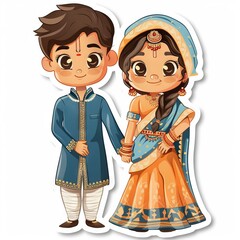 cute little Indian wedding couples in a traditional dress sticker "ai generated "