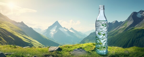 Recycled plastic bottle with clear mountain water in nature, summer season, banner. Generative Ai.