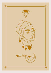 Esoteric poster Woman with headwrap, druid sickle and branch on beige background. Boho style vector outline illustration.
