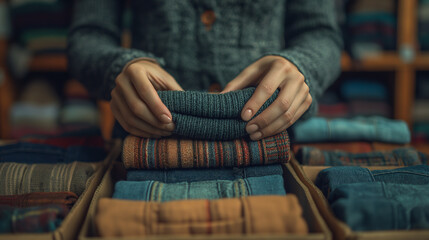 Frau bereitet Kleidung für Spende vor: Stapel von warmen Pullovern in einer Pappschachtel - obrazy, fototapety, plakaty