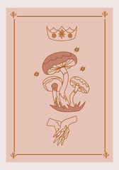 Esoteric poster Magic mushroom and stars, hands with interlaced fingers and crown on pink background Boho style vector outline illustration.