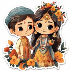 cute little Indian wedding couples in a traditional dress sticker 