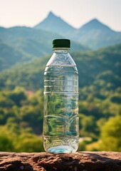 Recycled botltle in green healthy nature, summer hot season,, drink more water concept. Generative Ai.