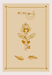 Esoteric poster Magic golden key with wings, druid sickle and branch on beige background. Boho style vector outline illustration.