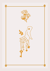 Esoteric poster Hand holding magical amulets and key, mystic flower with three branches on white background Boho style vector outline illustration.