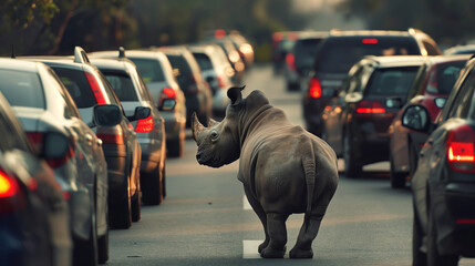 Tiere symbolisch im Verkehrsstau auf der Straße Stauursache mit Humor lustig mit Giraffe Maus, Schildkröte Nashorn dargestellt Generative AI - obrazy, fototapety, plakaty