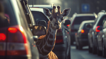 Tiere symbolisch im Verkehrsstau auf der Straße Stauursache mit Humor lustig mit Giraffe Maus, Schildkröte Nashorn dargestellt Generative AI - obrazy, fototapety, plakaty