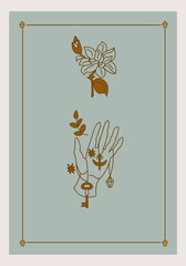 Esoteric poster Hand holding magical amulets, mystic golden flower on green background Boho style vector outline illustration.