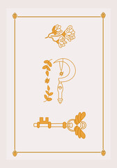 Esoteric poster Golden key with wings, druid sickle, mystic flower with three branches on white background Boho style vector outline illustration.