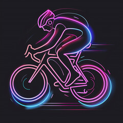 Modern cycling logo, rider on a bike, glowing neon on dark background. 