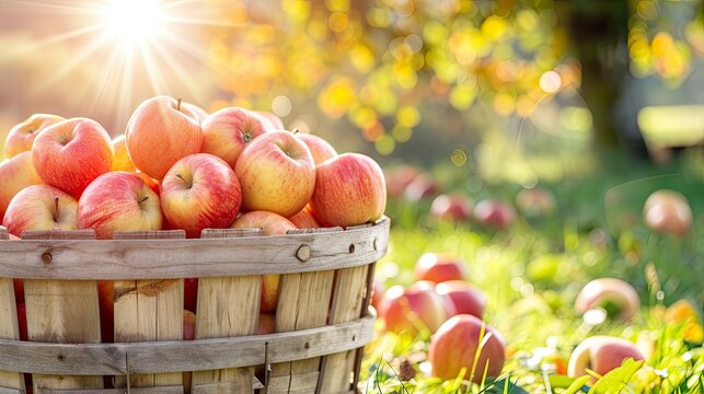 A weathered wooden bushel basket filled with plump, golden apples, evoking a sense of autumn abundance.