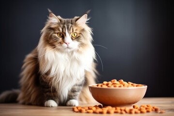 Naklejka premium Close up cute cat eating from a bowl against blurred kitchen background, looking at camera with copyspace for text 