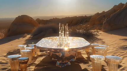 A glass royal classic table and stools are placed in a desert setting with sun rays shining on them. - obrazy, fototapety, plakaty