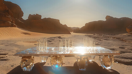 A glass royal classic table and stools are placed in a desert setting with sun rays shining on them. - obrazy, fototapety, plakaty