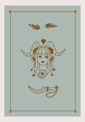 Esoteric poster Two hands holding diamond, crown and branch on pink background. Boho style vector outline illustration.