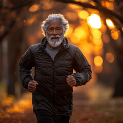 Obraz premium Golden hour vigor, senior man healthy run through autumn park