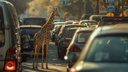 Foto op Plexiglas Tiere symbolisch im Verkehrsstau auf der Straße Stauursache mit Humor lustig mit Giraffe Maus, Schildkröte Nashorn dargestellt Generative AI © Imagecreator