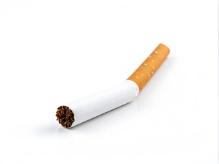 Close-up of a single cigarette on a white background, highlighting its texture and form.