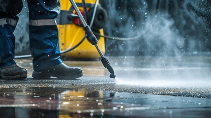 Deep cleaning under high pressure. Workers cleaning driveway with pressure washer, professional cleaning service - obrazy, fototapety, plakaty
