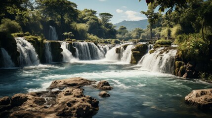 Fototapeta premium Amazing tropical forest with beautiful lake and fast flowing waterfall over boulders in background