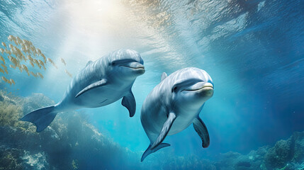 two dolphins swim side by side freely in the middle of an underwater blue ocean with incoming sunlight created with Generative AI Technology
