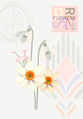 Card made of isolated botanical, abstract and folklore elements on a pastel background with text.Digital illustration suitable for Mother's Day, International Women's Day, Valentine's Day, Easter, bra