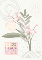 Card made of isolated botanical, abstract and folklore elements on a pastel background with text.Digital illustration suitable for Mother's Day, International Women's Day, Valentine's Day, Easter, bra