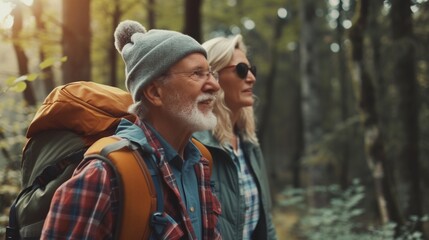 Elderly happy couple hiking outdoors. Fitness walking and forest travel journey. Active senior person concept