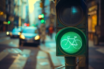 traffic lights with bicycle icon shining green, bike friendly city concept - obrazy, fototapety, plakaty