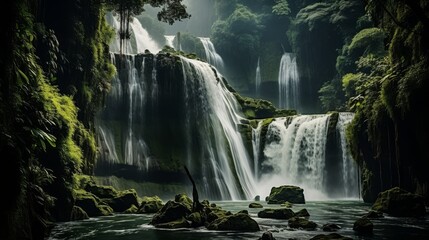 Amazing tropical forest with beautiful lake and fast flowing waterfall over boulders in background