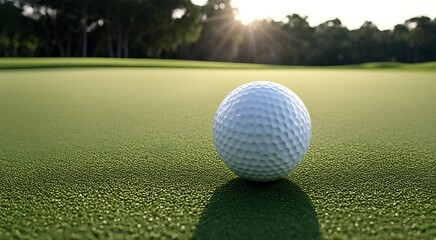 Golf ball on the green with the sun setting behind trees, serenity on the course.