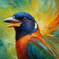 Obraz premium Colorful bird on the background of an abstract watercolor painting