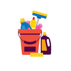 Cleaning supplies still life in flat cartoon style. Vector illustration.