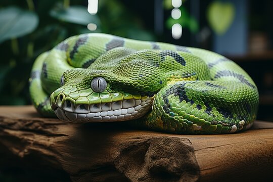 A lithe green tree python draped over the sturdy branch of a towering tree, its emerald scales blending seamlessly with the verdant foliage
