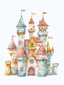 charming watercolor illustration of a fantasy castle, rendered in soft pastel hues with an emphasis on pink and cream colors, evoking a sense of enchantment - Generative AI